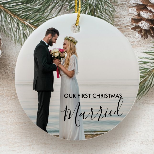 Our First Christmas Married Personalised Photo Ceramic Ornament (First Christmas Married photo ornament by Darling & May)