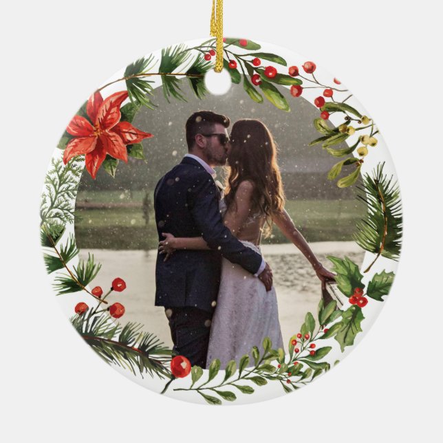 Our First Christmas Married Photo Botanical Ceramic Ornament (Back)