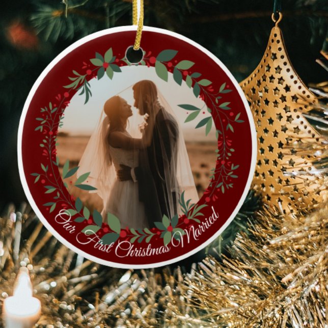 Our First Christmas Married Photo Christmas Tree Ceramic Ornament (Creator Uploaded)