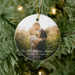 Our First Christmas Married Photo Elegant Newlywed Ceramic Ornament<br><div class="desc">Did you get married this year? Add a memory to your tree with this elegant keepsake ornament with the message "Our First Christmas Married" in white text over your favourite wedding photo. Use the template to add your names and the year. Add the same photo to both sides or a...</div>