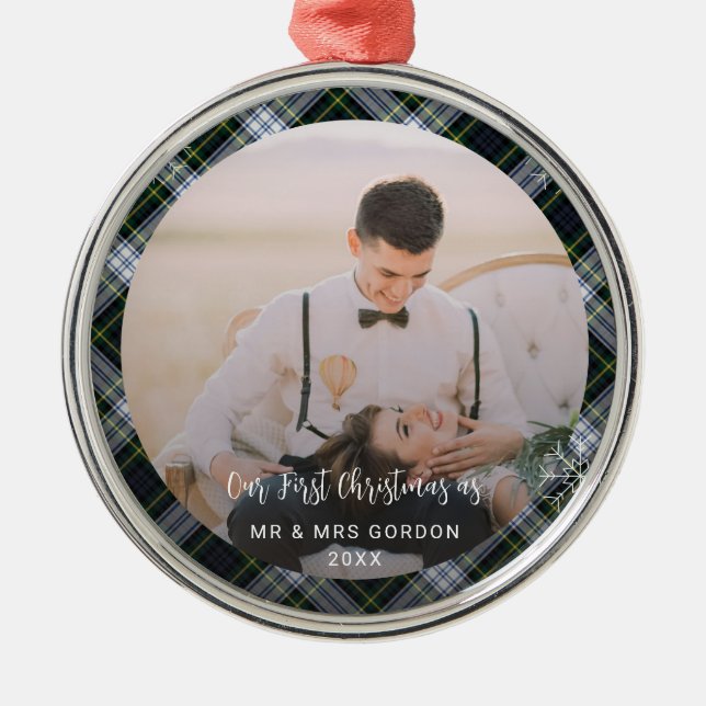 Our First Christmas Married Photo Plaid Tartan Metal Ornament (Front)