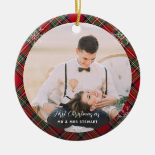 Our First Christmas Married Photos Stewart Tartan Ceramic Ornament