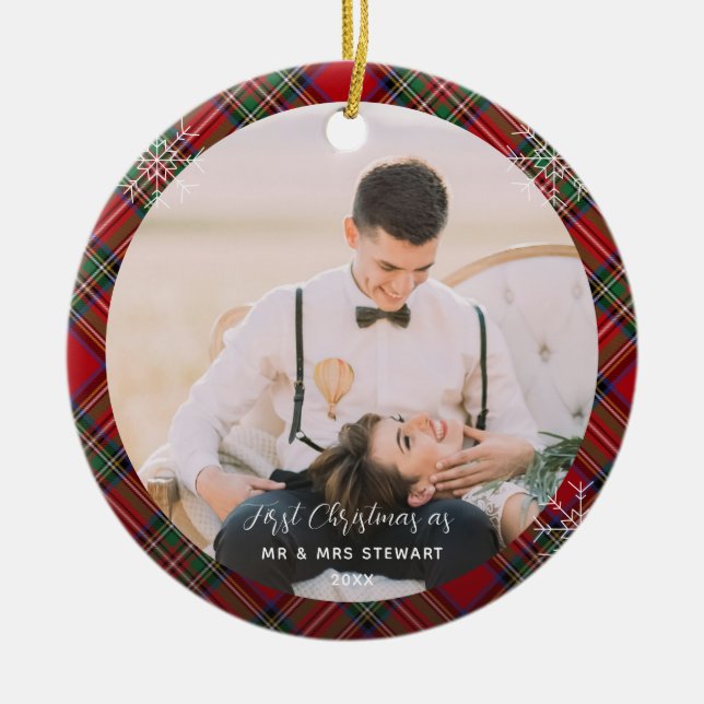 Our First Christmas Married Photos Stewart Tartan Ceramic Ornament (Front)
