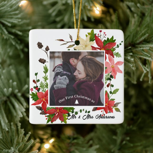 Our First Christmas Married Poinsettia Photo Ceramic Ornament (Tree)