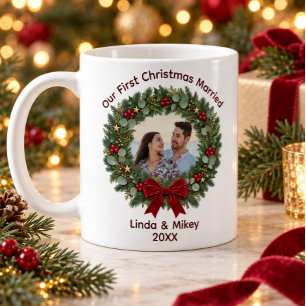 Our First Christmas Married Red Bow Wreath Photo Coffee Mug