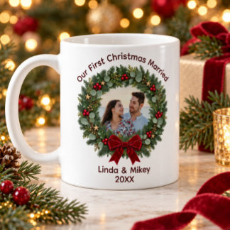 Our First Christmas Married Red Bow Wreath Photo Coffee Mug
