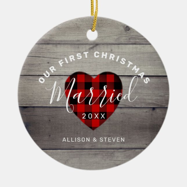 Our First Christmas Married Rustic Personalised Ceramic Ornament (Front)