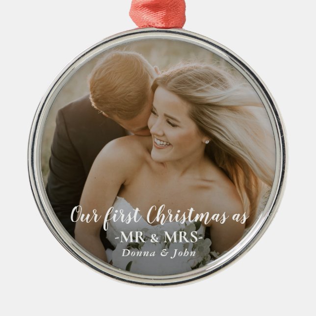 Our First Christmas Married Script Couple Photo Metal Ornament (Front)