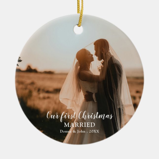 Our First Christmas Married Script Elegant Photo Ceramic Ornament (Front)