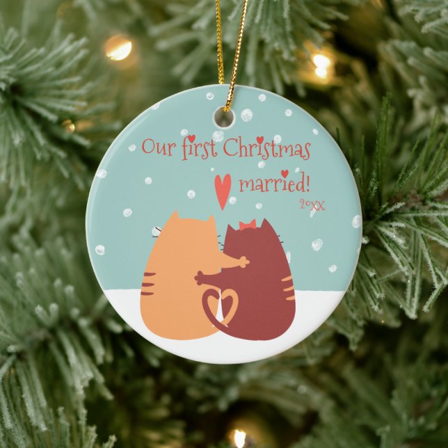 Our First Christmas Married -  Two Cute Cats Ceramic Ornament (Tree)