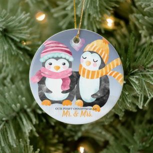 Our First Christmas Married Two Cute Penguins Ceramic Ornament