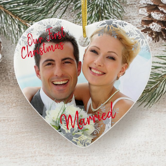 Our First Christmas Married w. Your Photo - Heart Ceramic Ornament (First Christmas Married Heart Photo Ornament by Darling & May)