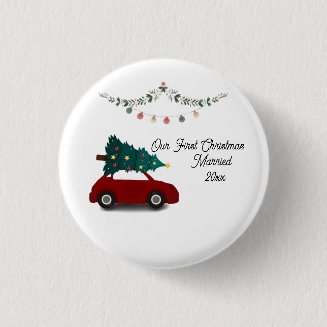 Our First Christmas Married With Christmas Red Car 3 Cm Round Badge (Front)