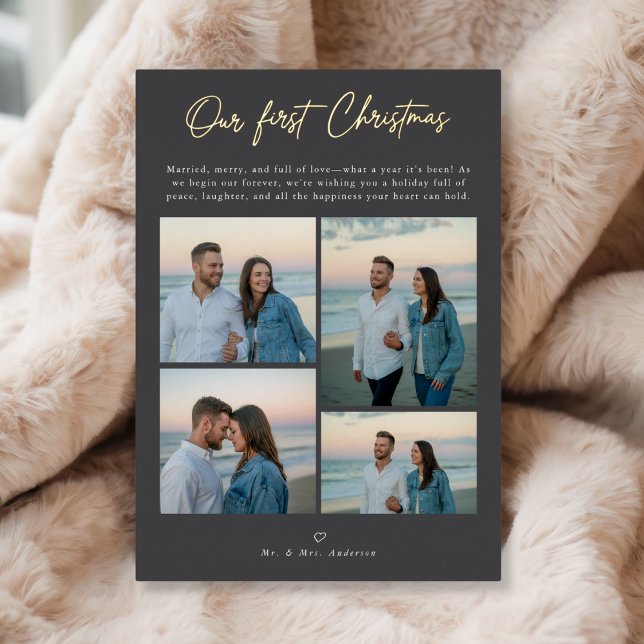Our First Christmas Modern Coastal 4 Photo Gold Foil Holiday Card (Creator Uploaded)