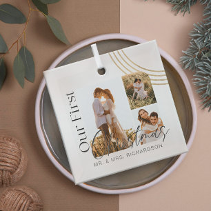 Our First Christmas Modern Geometric Three Photo Glass Tree Decoration