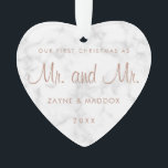 Our First Christmas Modern Marble Rose Gold Gay Ornament<br><div class="desc">Did you get married this year? Add a memory to your tree with this modern and elegant keepsake ornament with the words, "Our First Christmas as Mr. and Mr." in a faux rose gold script over a grey and white marble background. Use the template to add your names and the...</div>