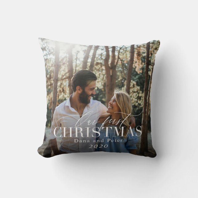 our first christmas modern script red plaid photo cushion (Front)