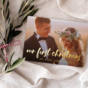 Our First Christmas   Modern Two Photo Foil Holiday Card