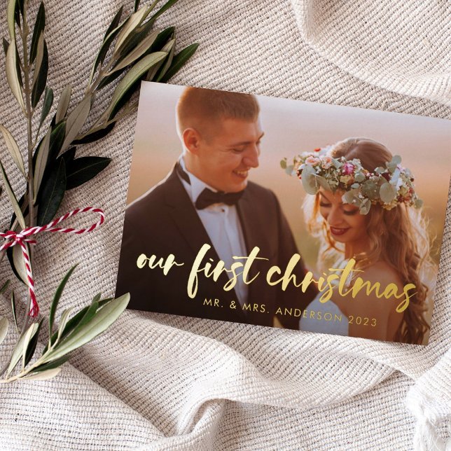 Our First Christmas | Modern Two Photo Foil Holiday Card (An elegant, gold foil holiday photo card for your first married Christmas)