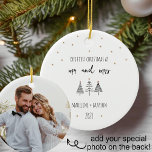 Our First Christmas Mr and Mrs Christmas Ornament<br><div class="desc">Wonderful black and white trees with copper stars and hand lettered text make this ornament a beautiful keepsake for the newly married couple. Add a special photo on the back! Along with the phrase Our First Christmas as Mr and Mrs. personalise with names and year to make this a wonderful...</div>