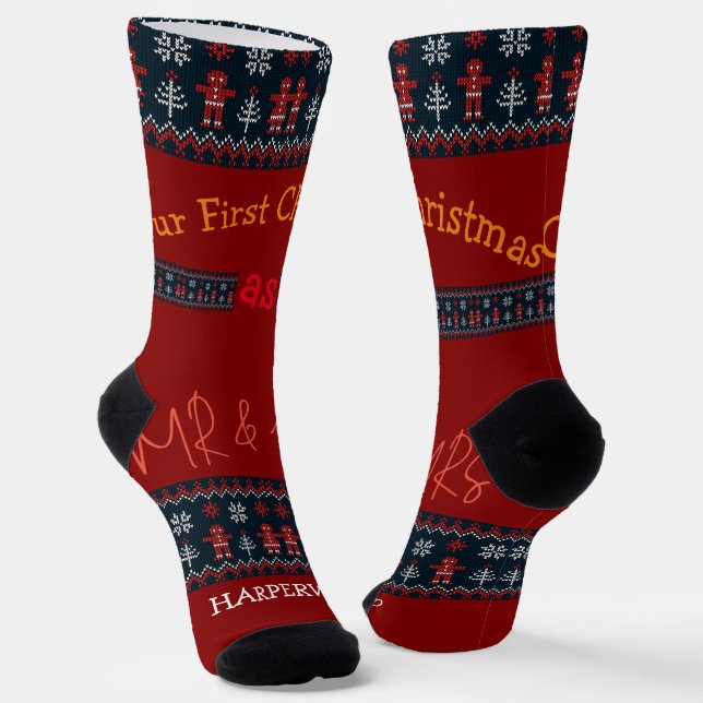 Our first Christmas Mr and Mrs / Couple newlywed  Socks (Angled)