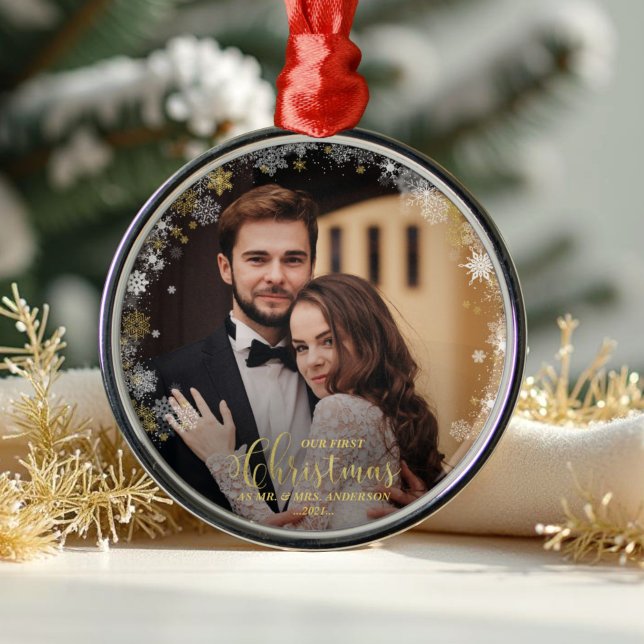 Our First Christmas Mr And Mrs Gilded Couple Photo Metal Ornament (Creator Uploaded)