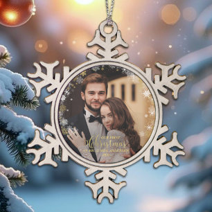 Our First Christmas Mr And Mrs Gilded Couple Photo Snowflake Pewter Christmas Ornament