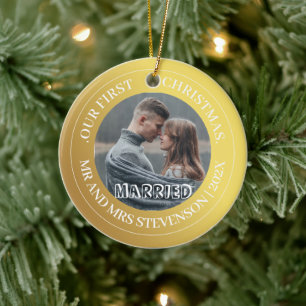 Our first Christmas Mr and Mrs Gold Modern Photo Ceramic Ornament