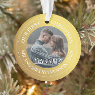 Our first Christmas Mr and Mrs Gold Modern Photo Ornament