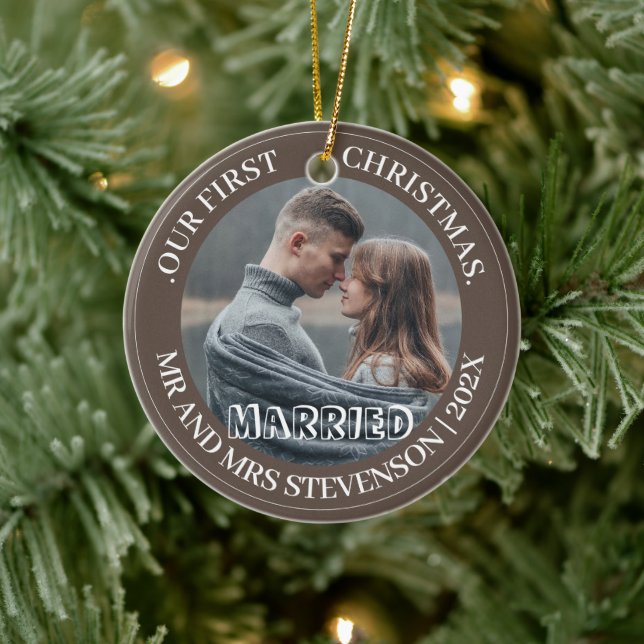 Our first Christmas Mr. and Mrs. newlywed elegant Ceramic Ornament (Tree)