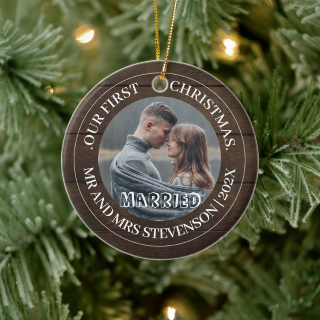 Our first Christmas Mr. and Mrs. newlywed elegant Ceramic Ornament (Tree)