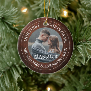 Our first Christmas Mr. and Mrs. newlywed elegant Ceramic Ornament