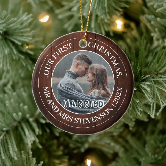 Our first Christmas Mr. and Mrs. newlywed elegant Ceramic Ornament (Tree)