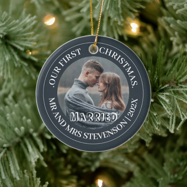 Our first Christmas Mr. and Mrs. newlywed elegant Ceramic Ornament (Tree)