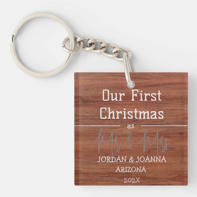 Our first Christmas Mr. and Mrs. newlywed wood  Key Ring (Front)