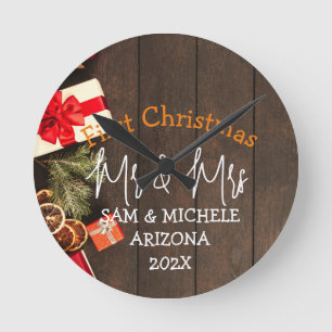 Our first Christmas Mr. and Mrs. newlywed wood Round Clock