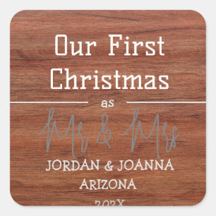 Our first Christmas Mr. and Mrs. newlywed wood Square Sticker