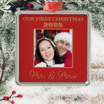 Our First Christmas Mr And Mrs Photo Red And Gold Metal Ornament<br><div class="desc">This red Mr & Mrs first christmas tree ornament has a photo of the happy couple on the front featuring gold elegant script and bold typography. To change the text and photo click on the personalise button.</div>