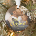 Our First Christmas Mr and Mrs Photo Wedding Ornament<br><div class="desc">A true keepsake for the newlyweds features a modern script and modern typography in gold. Add your favourite photo. Makes a great gift for yourself or someone special.</div>