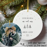 Our First Christmas Mr and Mrs Simple Trees Ceramic Ornament<br><div class="desc">Wonderful black and white trees and copper stars with hand lettered text make this ornament a beautiful keepsake for the newly married couple. Add a special photo on the back! Along with the phrase Our First Christmas as Mr and Mrs. along with names and year make this a wonderful gift...</div>