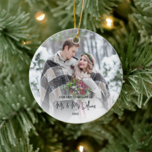 Our First Christmas Mr and Mrs Wedding Photo Ceramic Ornament