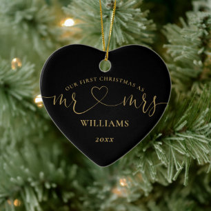 Our First Christmas Mr Mrs Black Gold Love Heart Ceramic Ornament