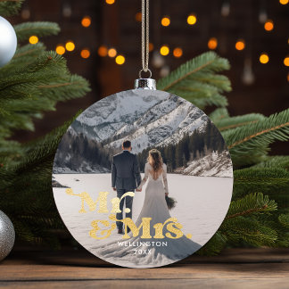 Our First Christmas Mr & Mrs Elegant Wedding Photo Ceramic Ornament