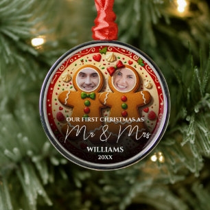 Our First Christmas Mr & Mrs Fun Gingerbread Photo Metal Ornament