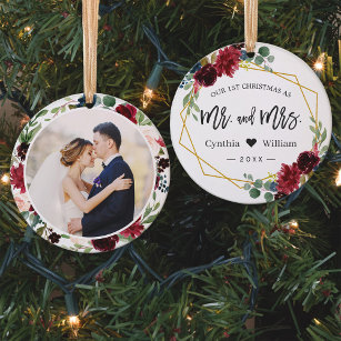 Our First Christmas Mr Mrs Geometric Floral Photo Ornament
