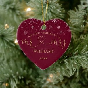 Our First Christmas Mr Mrs Gold Heart Script Snow Ceramic Ornament