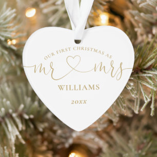 Our First Christmas Mr Mrs Gold Love Heart Script Ornament