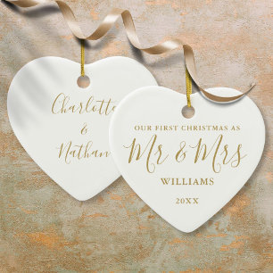 Our First Christmas Mr Mrs Gold Signature Script Ceramic Ornament