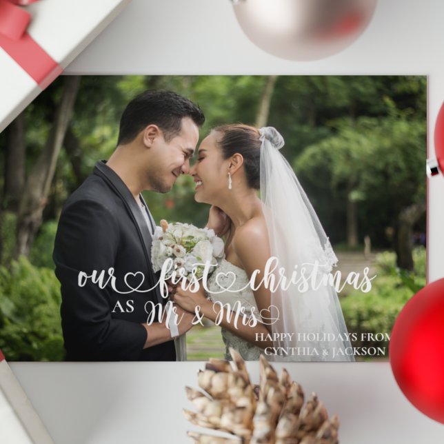 Our First Christmas Mr & Mrs Hand Lettered Photo Holiday Card (Creator Uploaded)