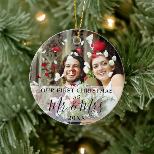 Our First Christmas Mr Mrs Name Photo Holiday Ceramic Ornament (Tree)